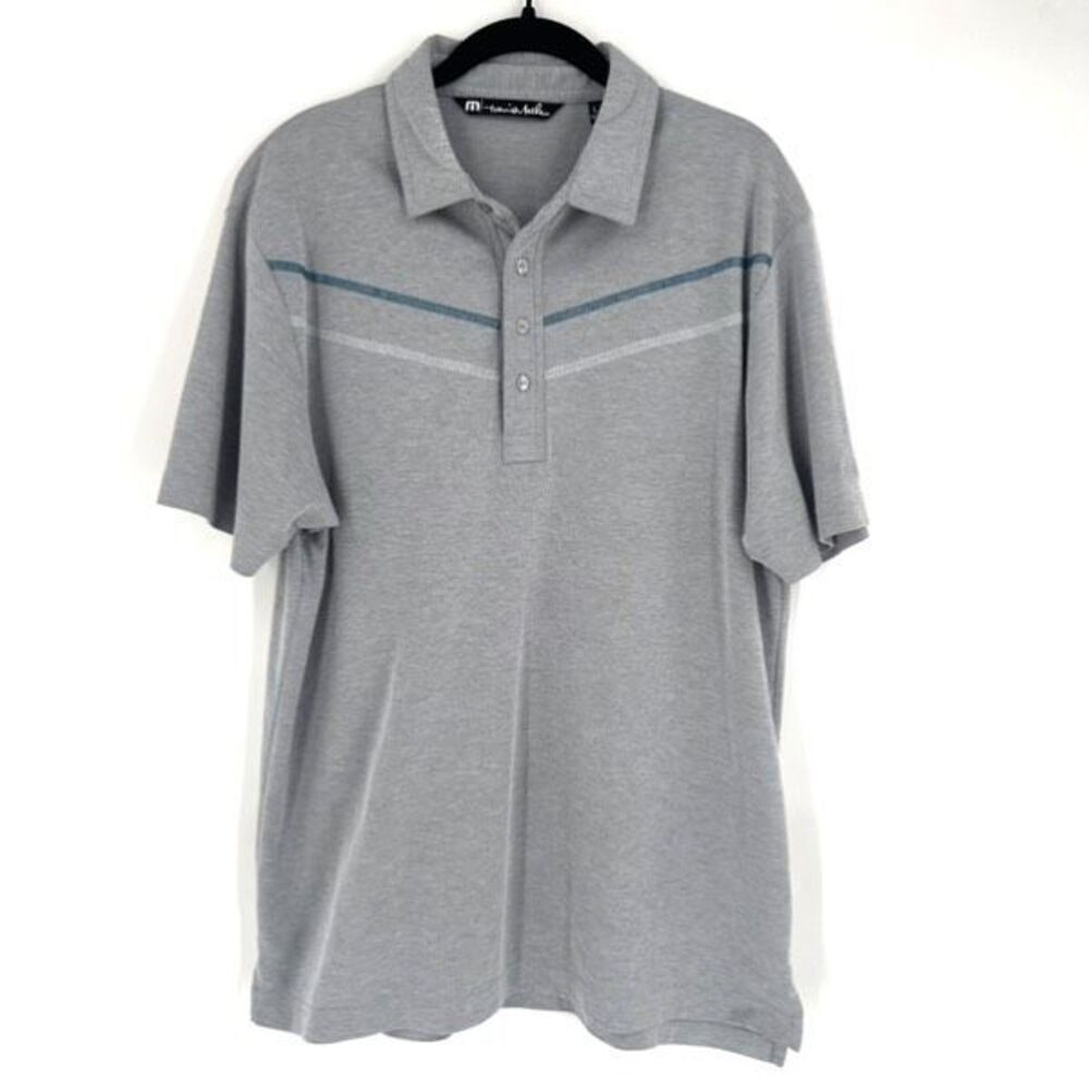 Travis Mathew Golf Shirt Mens Large Gray Blue Striped‎ Polo Short Sleeve Casual